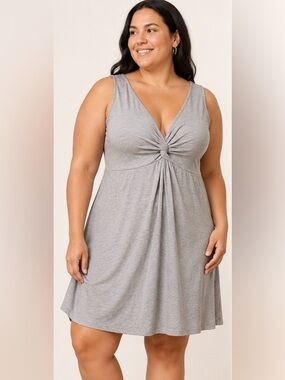 Boutique Dress Large L Jersey Knit Drift Twist Front Pleated Deep V Chambray New